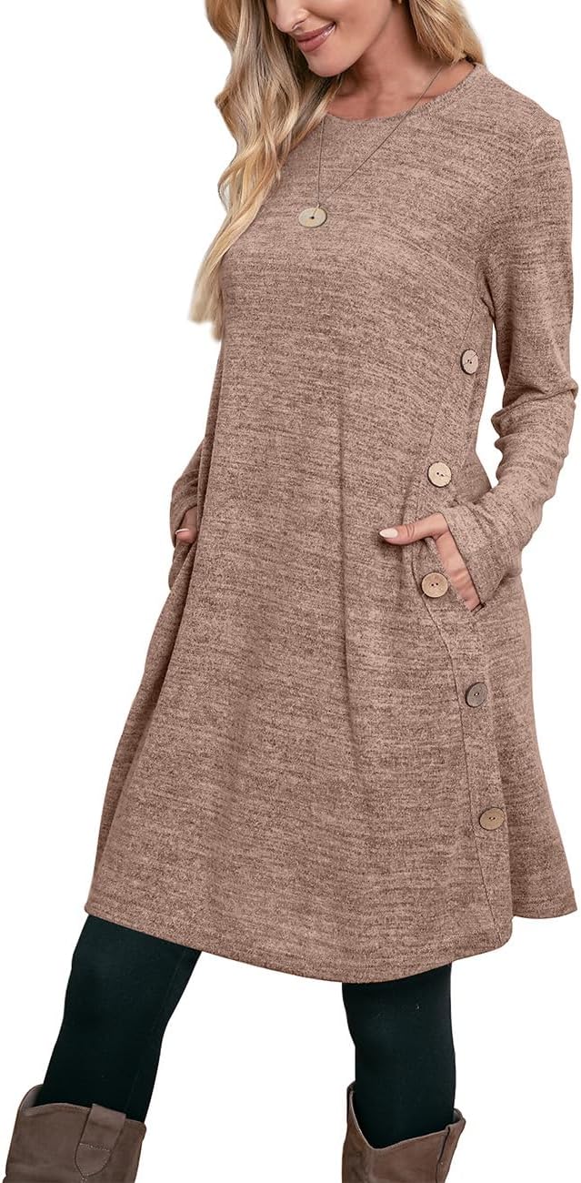 OFEEFAN Long Sleeve Dress for Women Crew Neck Tunic Dress with Pockets Buttons Side