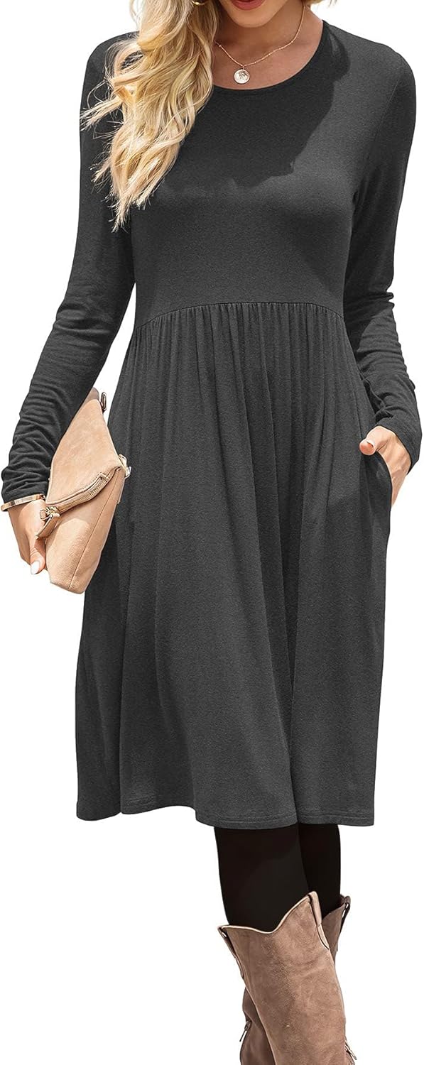 DB MOON Women Casual Long Sleeve Dresses Empire Waist Knee Length Loose Dress with Pockets
