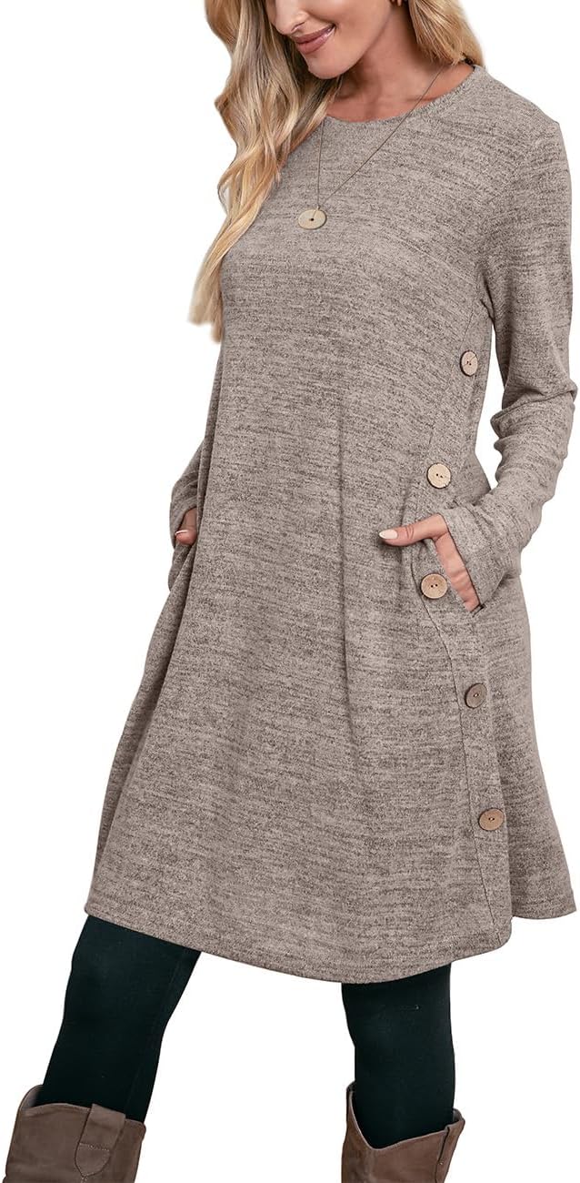 OFEEFAN Long Sleeve Dress for Women Crew Neck Tunic Dress with Pockets Buttons Side