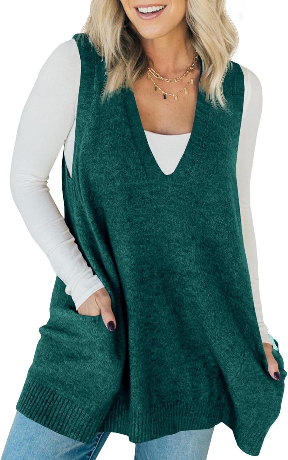 Saodimallsu Womens Sleeveless Sweater Vest V Neck Casual Loose Knit A Line Flattering Tunic Top with Pockets