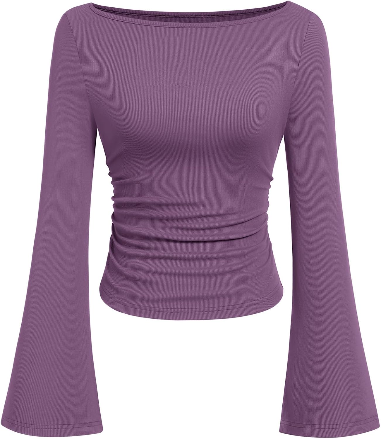 PRETTYGARDEN Women's Long Sleeve Shirts 2025 Fall Crop Going Out Tops Casual Boat Neck Bell Sleeve Ribbed Ruched Y2K Clothes