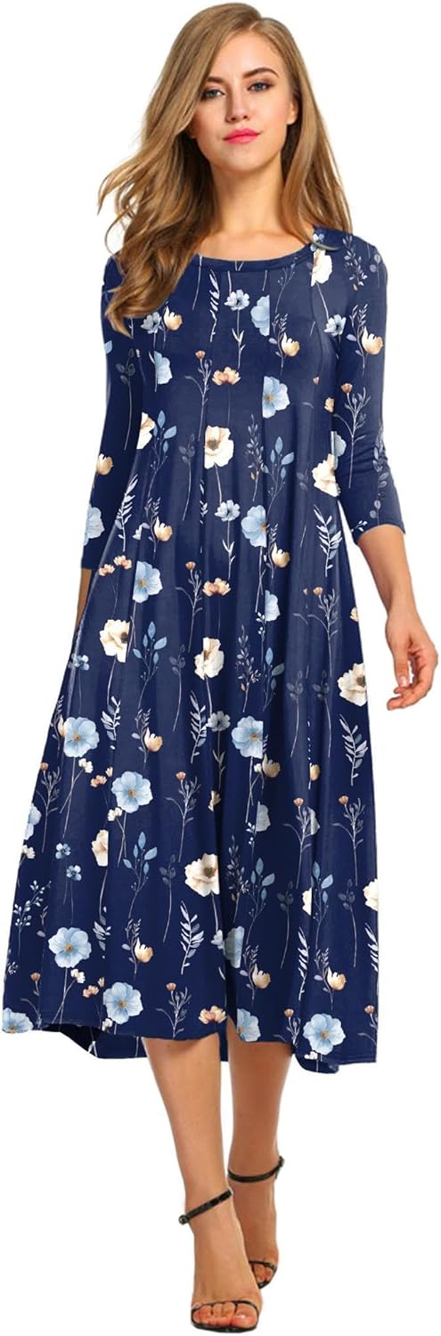 HOTOUCH Women's 3/4 Sleeve A-line and Flare Midi Long Dress
