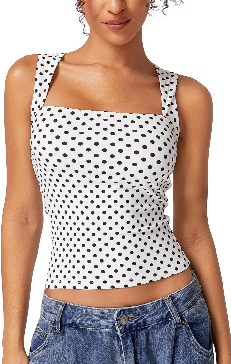 QINSEN Women's Square Neck Sleeveless Double-Layer Tank Tops Basic Tight T Shirts