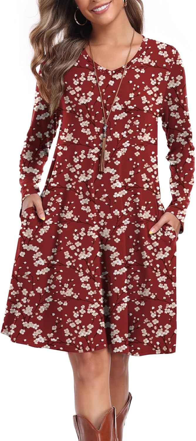 Women's Casual T Shirt Dresses Fall Long Sleeve Swing Dress with Pockets