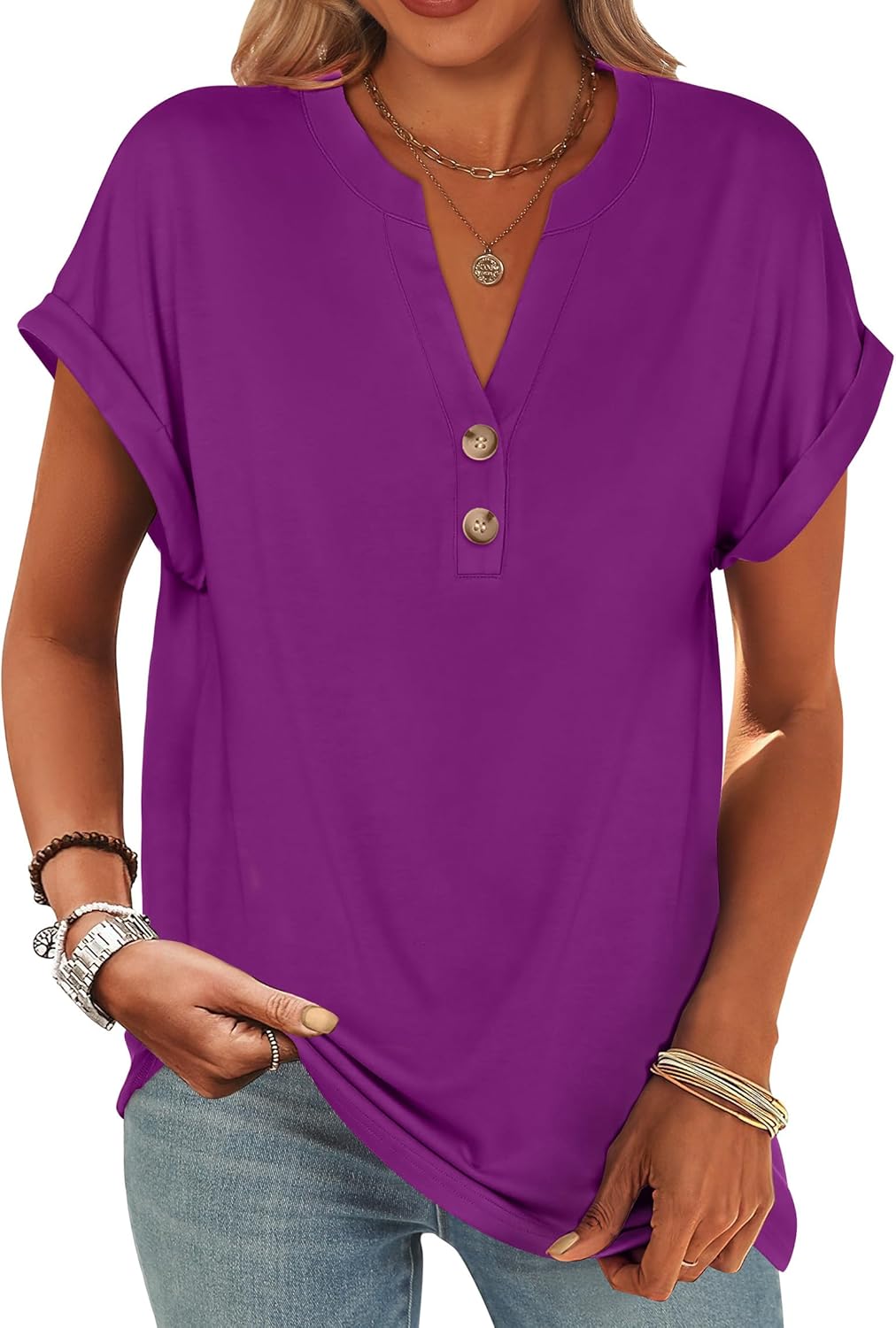 ANRABESS Womens Short Sleeve Henley Tops V Neck Dressy Casual Blouses Summer Trendy Tee Shirts 2025 Vacation Fashion Clothes