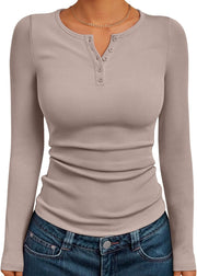 Trendy Queen Womens Long Sleeve Shirts 2025 Henley Casual Fall Outfits Fitted Tops Ribbed Fashion Basic Tees