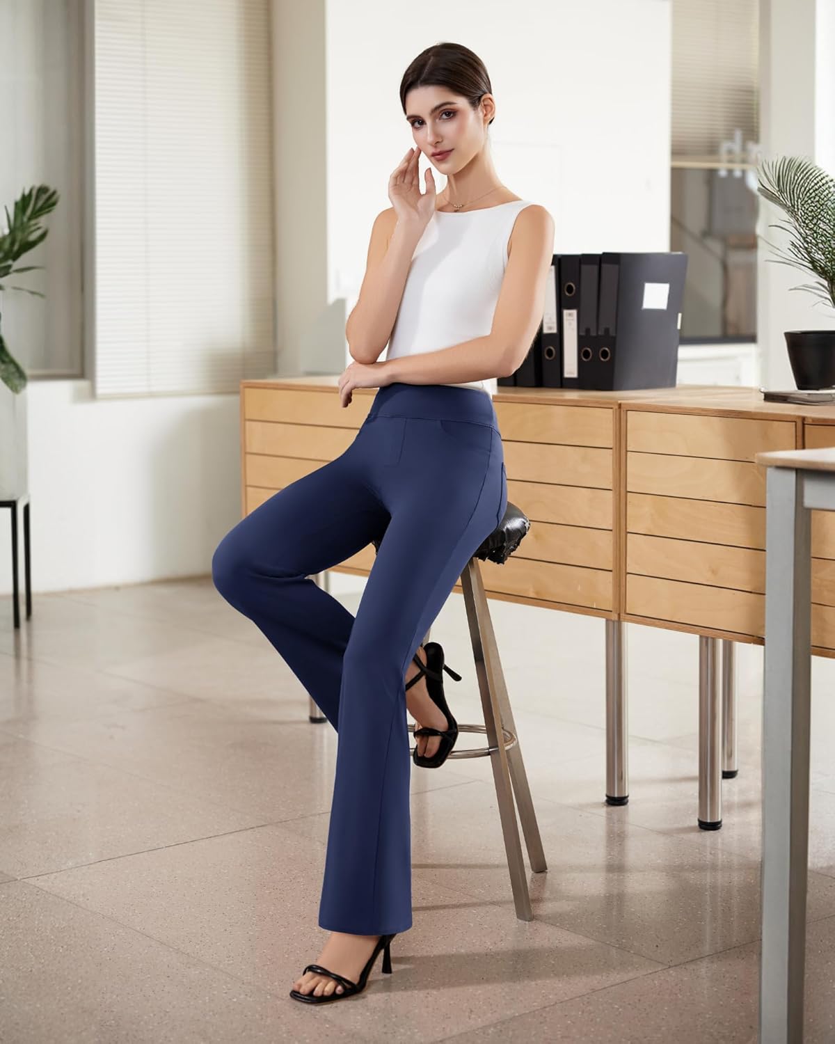 Womens Dress Pants Stretchy Work Pants Business Casual Office Trousers Pull On Flare Slacks with 4 Pockets