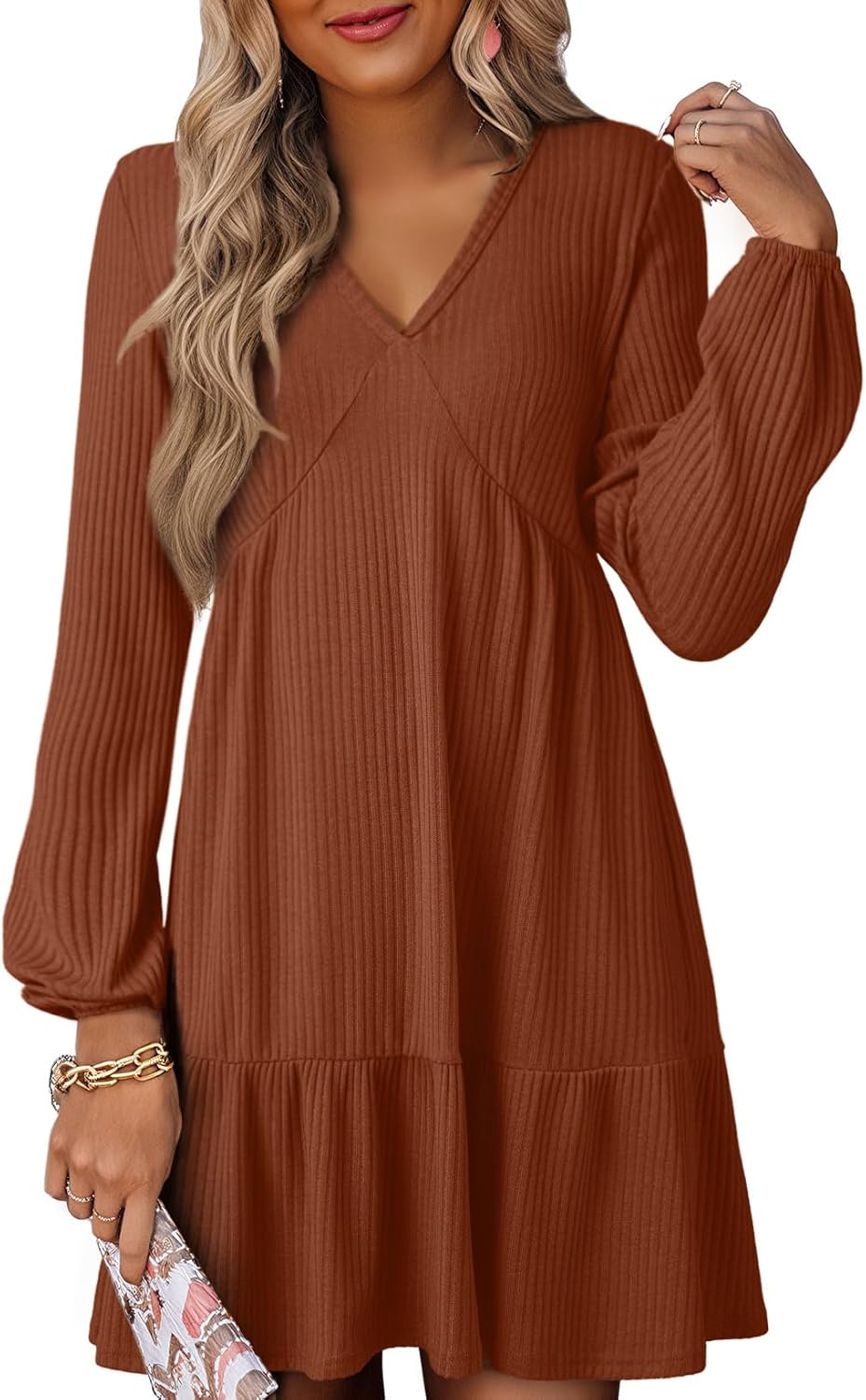 Dokotoo Fall Dresses for Women 2025 Long Sleeve V Neck Lightweight Ribbed Knit Empire Waist Casual A Line Swing Mini Dress