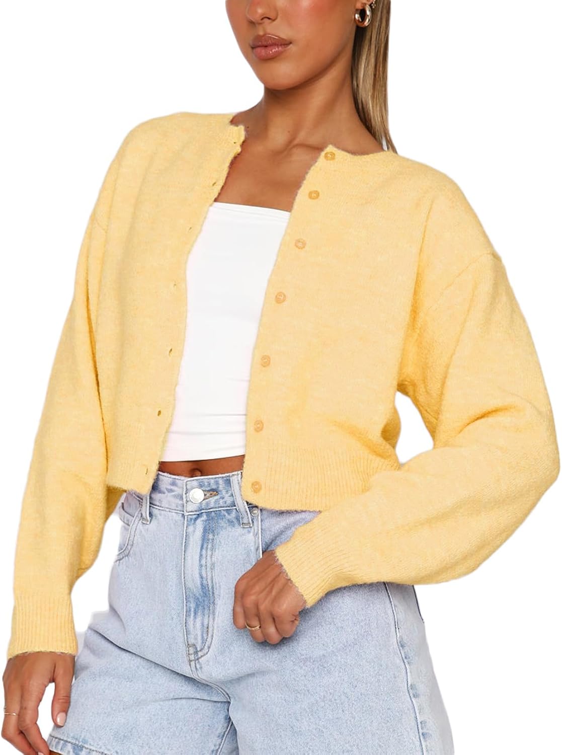 Women Y2K Button Front Crop Sweater Cardigan Solid Color Crew Neck Long Sleeve Knit Fall Tops Streetwear