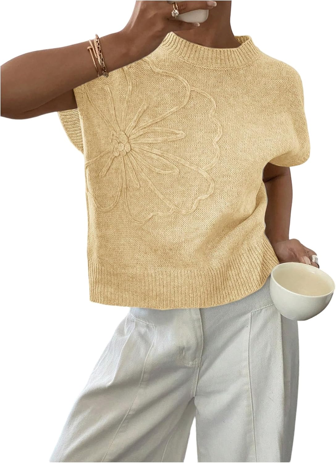 SOLY HUX Women's Ribbed Sweater Crew Neck Short Sleeve Loose Fit Floral Knit Pullover Tops