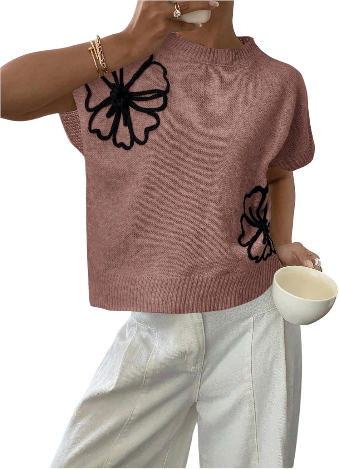 SOLY HUX Women's Ribbed Sweater Crew Neck Short Sleeve Loose Fit Floral Knit Pullover Tops