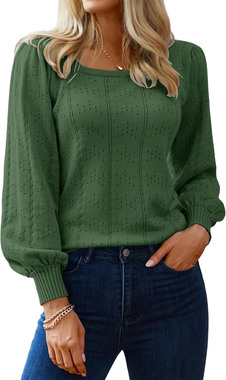 HOTOUCH Sweaters for Women 2025 Fall Trendy Tops Casual Puff Sleeve Square Neck Cute Tunic Pullover Blouses XS-XXL