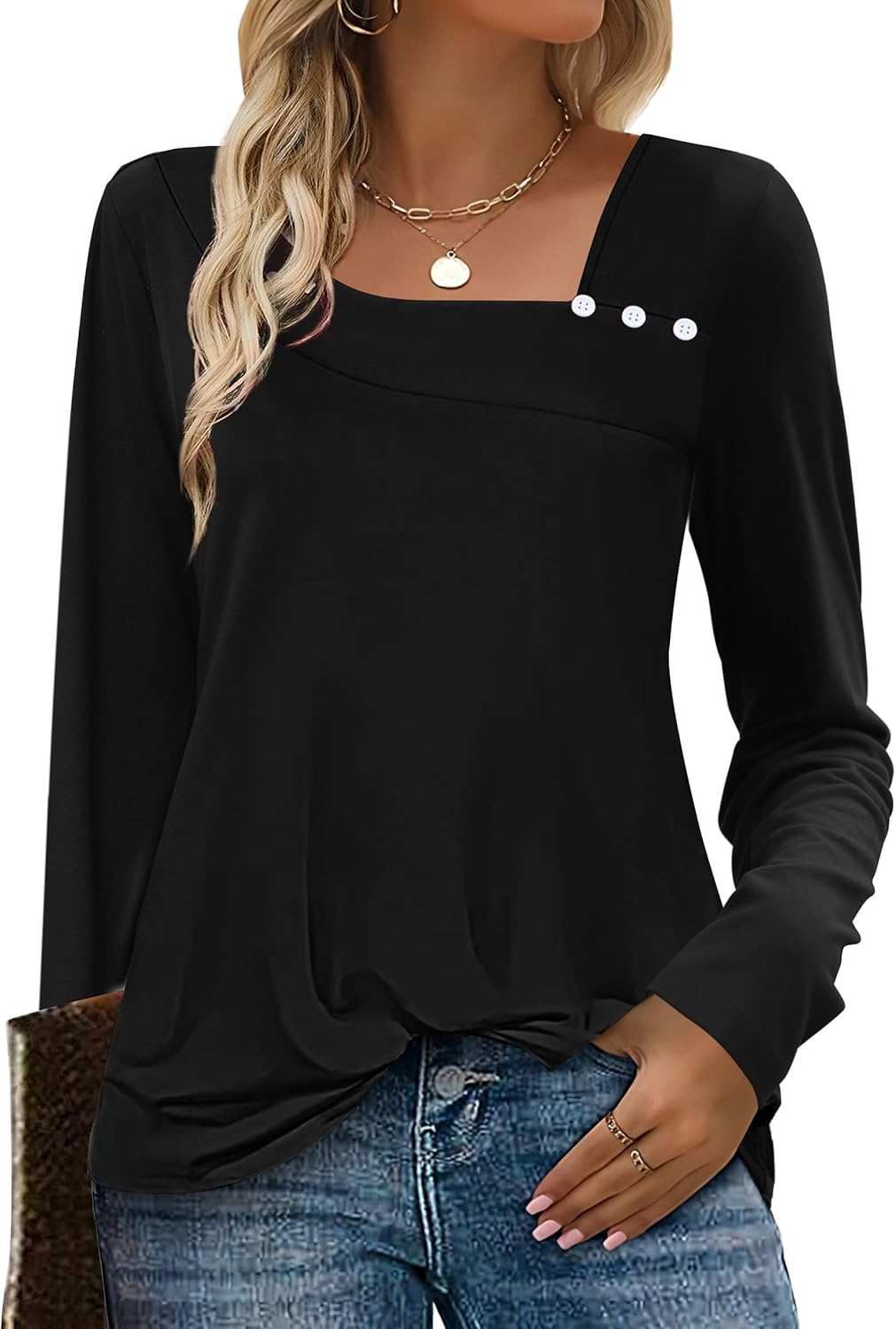 OFEEFAN Long Sleeve Shirts for Women Fall Clothes Asymmetric Square Neck Tunic Tops Decorative Buttons