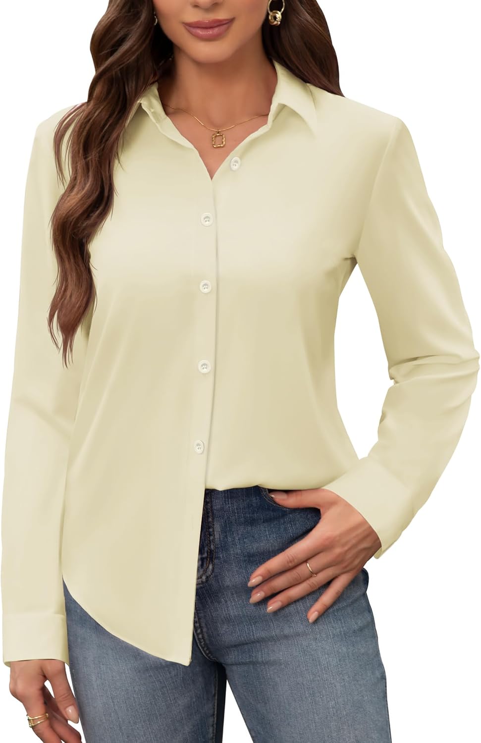 siliteelon Women's Stain Shield Dress Shirts Wrinkle Free Long Sleeve Shirts Solid Work Business Button Down Shirts