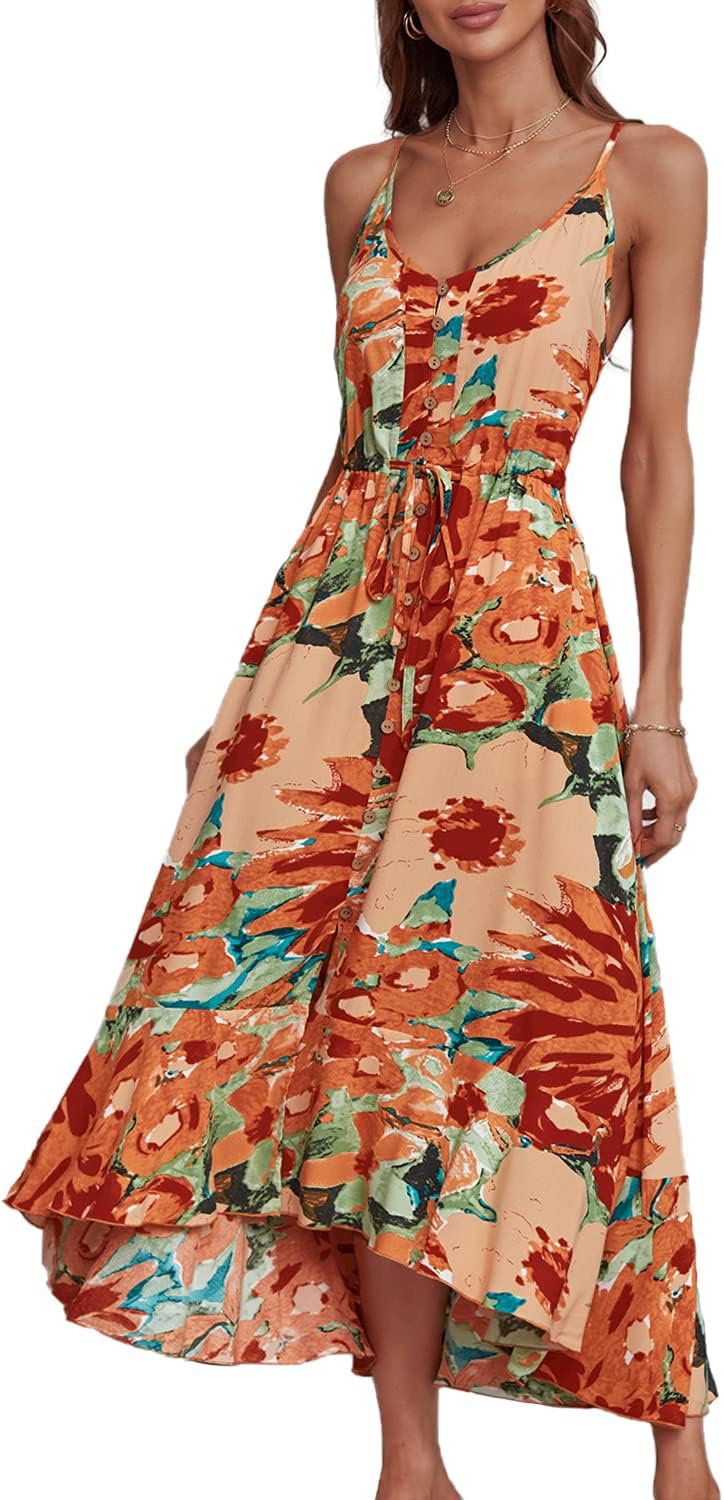 BROVAVE Women's 2025 Summer Casual Boho Sundress Polka Dot Spaghetti Strap V Neck Flowy Midi Dresses