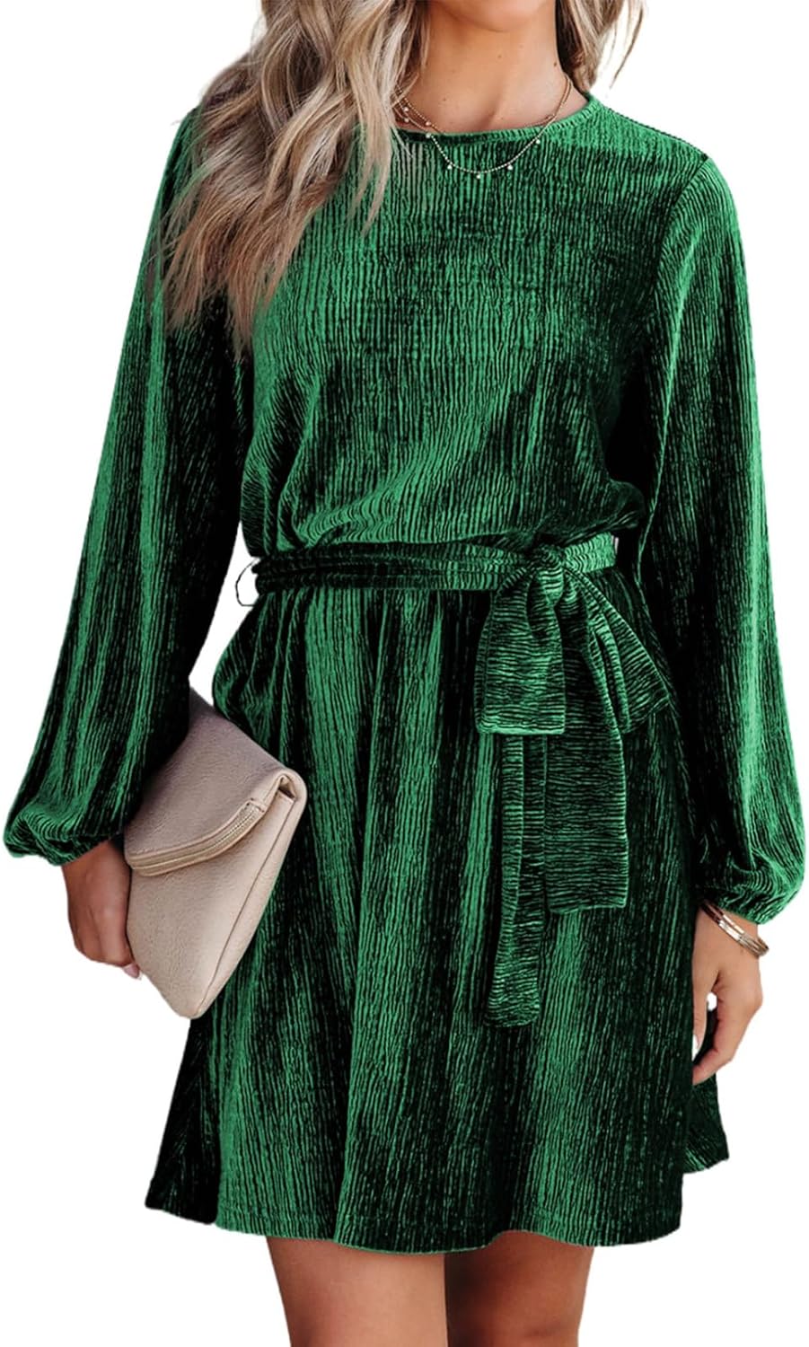 Happy Sailed Women's Velvet Dress Fall Fashion Lantern Sleeve High Waist A-Line Skater Cocktail Party Dresses with Belt