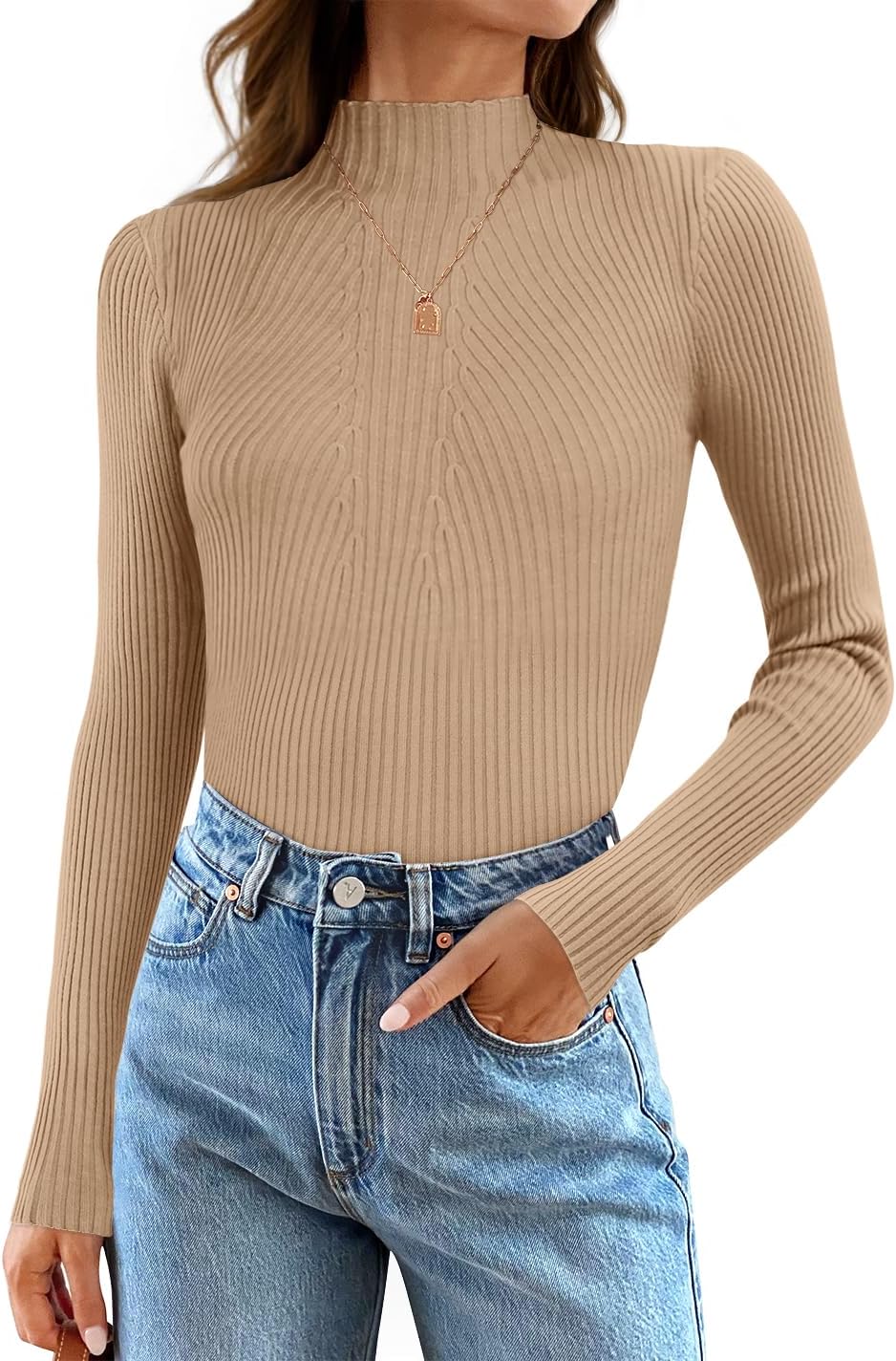 ZESICA Women's 2025 Fall Long Sleeve Turtleneck T Shirt Ribbed Knit Sweater Slim Fit Basic Casual Tee Tops