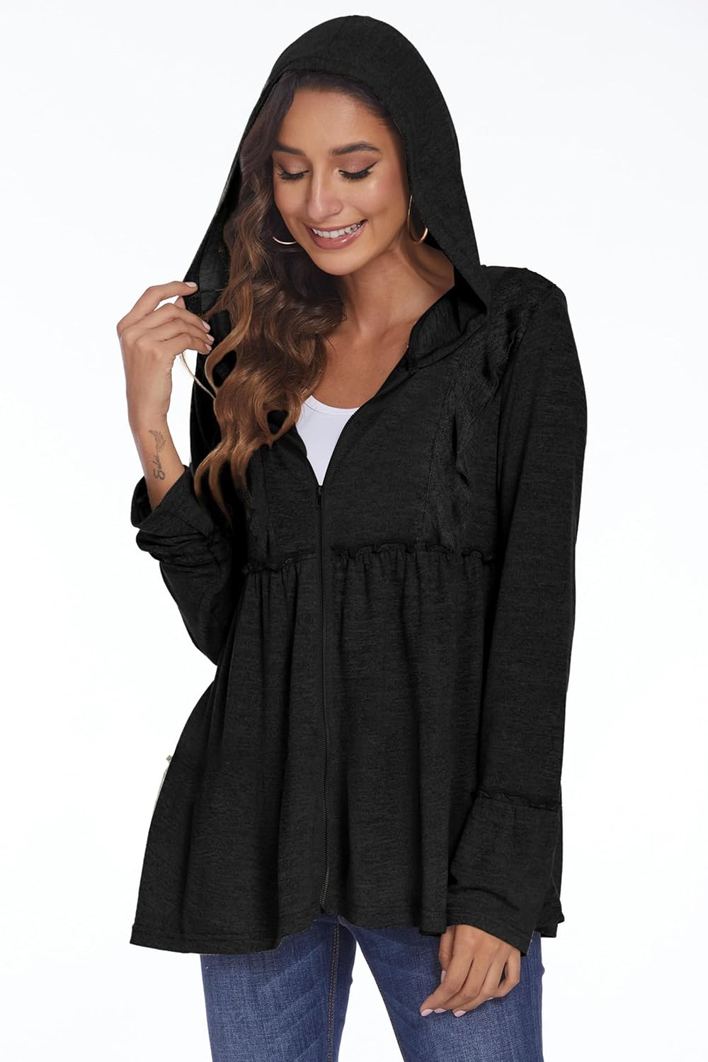 DEESHA Full Zip Up Hoodie for Women Pleated Tiered Ruffle Hooded Sweatshirts Jacket Coat Long Sleeve(Black, X-Large)