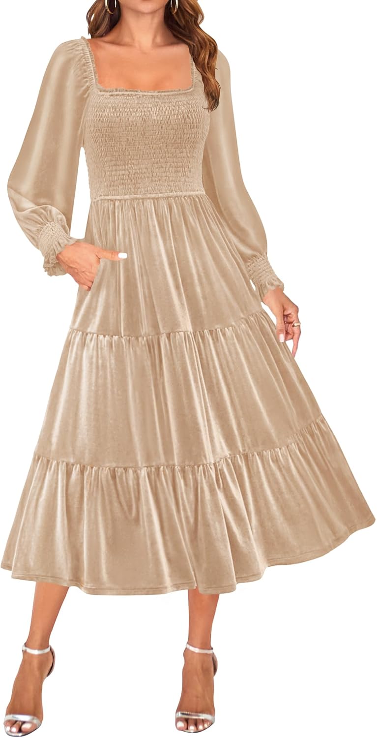 ZESICA Women's Velvet Long Sleeve Dresses 2025 Winter Square Neck Smocked Ruffle A Line Flowy Cocktail Party Midi Dress