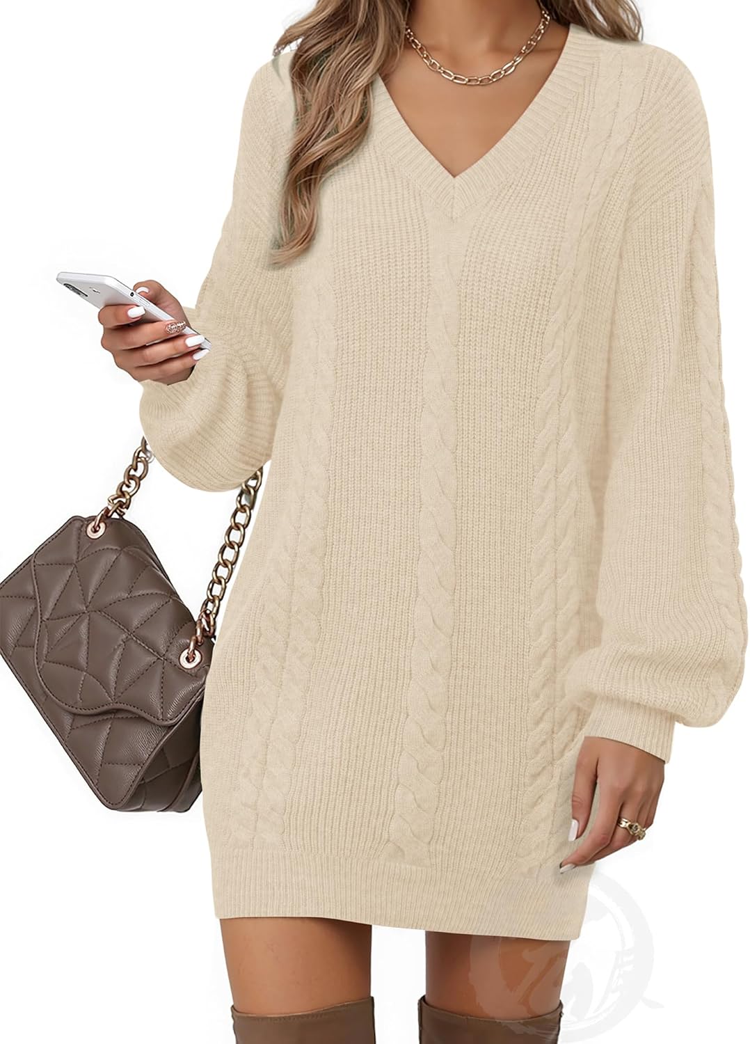 Women's Pullovers Jumper Sweaters Lantern Sleeve Casual V Neck Fall Knit Mini Sweater Dresses