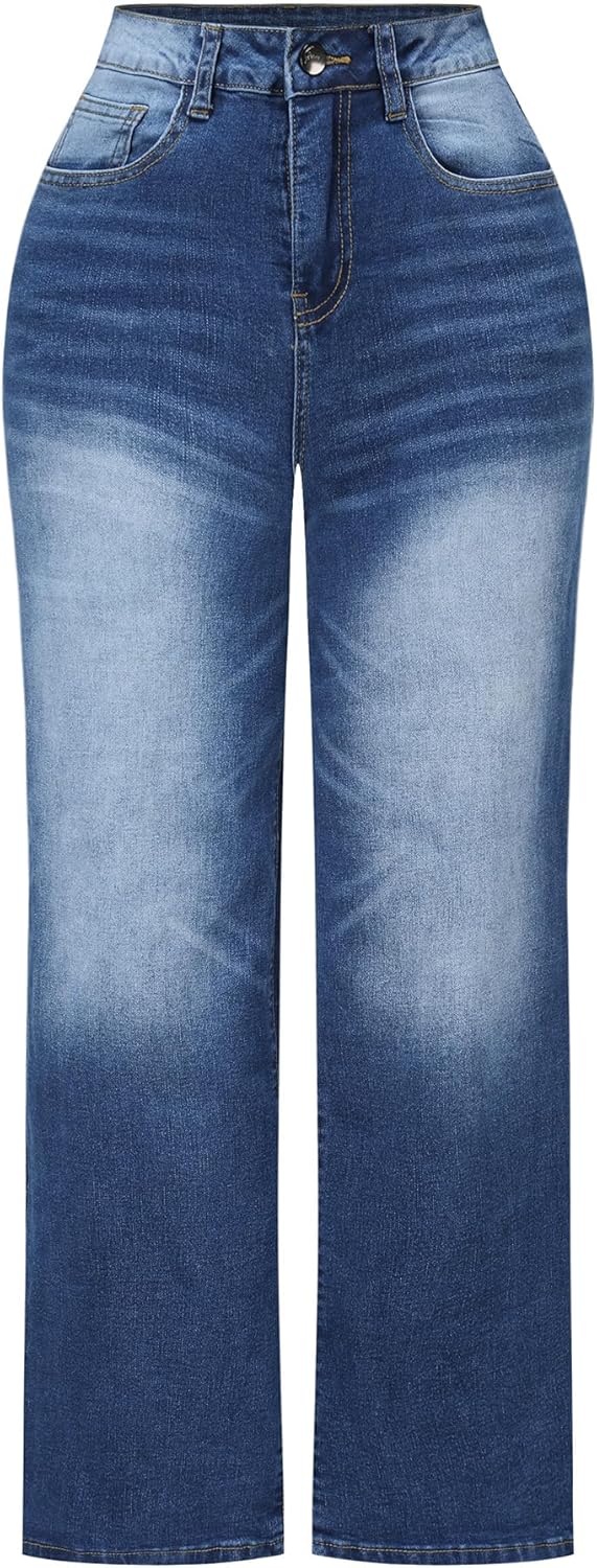 THUNDER STAR Womens High Waisted Wide Leg Jeans Stretchy Distressed Denim Pants
