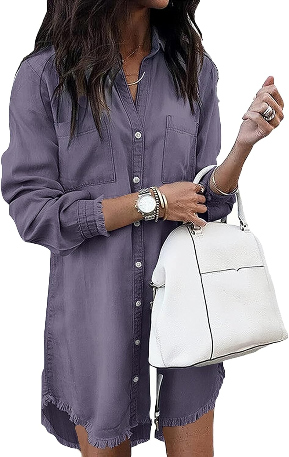 Zilcremo Women Denim Shirt Dresses Long Sleeve Distressed Jean Dress Button Down Casual Tunic Top