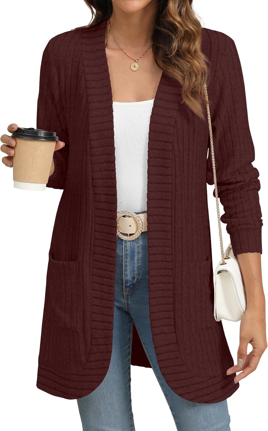 Women Long Sleeve Open Front Cardigan Casual Lightweight Long Cardigans Loose Knit Outwear with Pockets