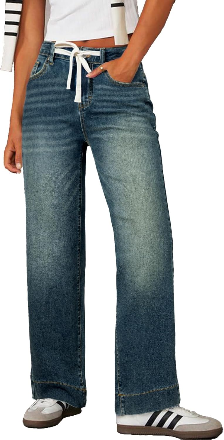Sidefeel Women's Wide Leg Jeans High Waisted Stretchy Straight Leg Baggy Drawstring Zimbaplatinum Denim Pants