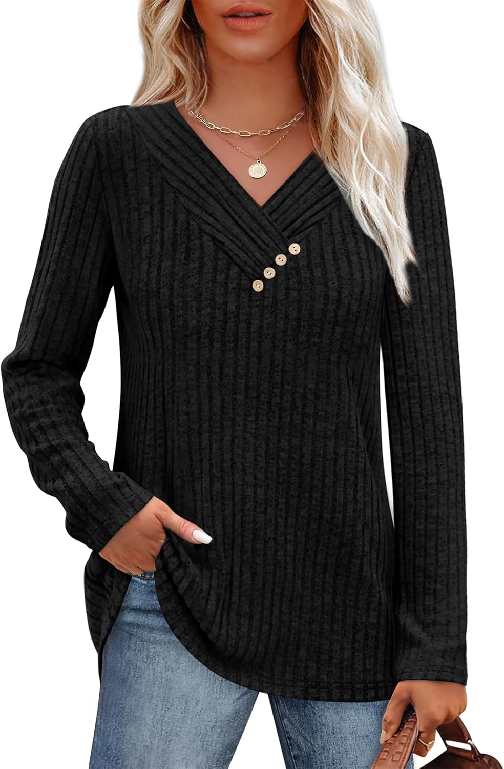SAMPEEL Sweaters for Women Long Sleeve Shirts V Neck Tops with Buttons Fall Fashion Outfits Winter Clothing 2025