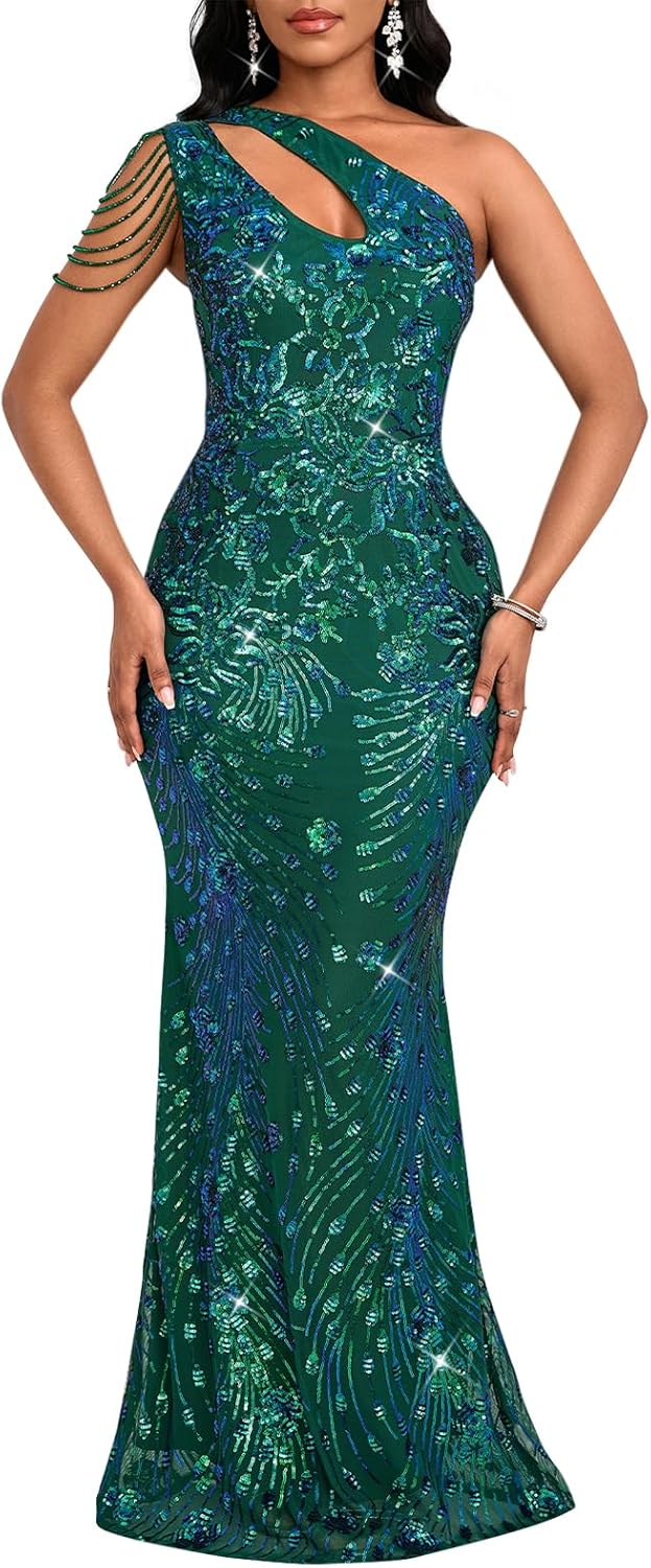 Cololura Women Sequin Elegant Sexy One Shoulder Tassel Mermaid Bodycon Cocktail Evening Dress
