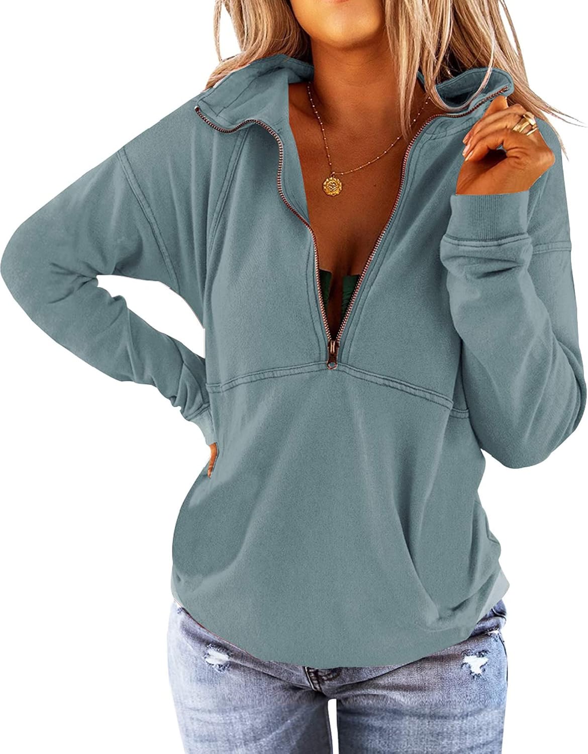 Floral Find Women's Long Sleeve Lapel Half Zip Up Sweatshirt Solid Stylish Loose Fit Casual Pullover Tops