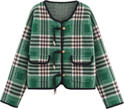 HOULENGS Women's Vintage Button Down Cardigan Sweater Plaid Print Long Sleeve Knit Coat with Pockets 2025 Fall Fashion