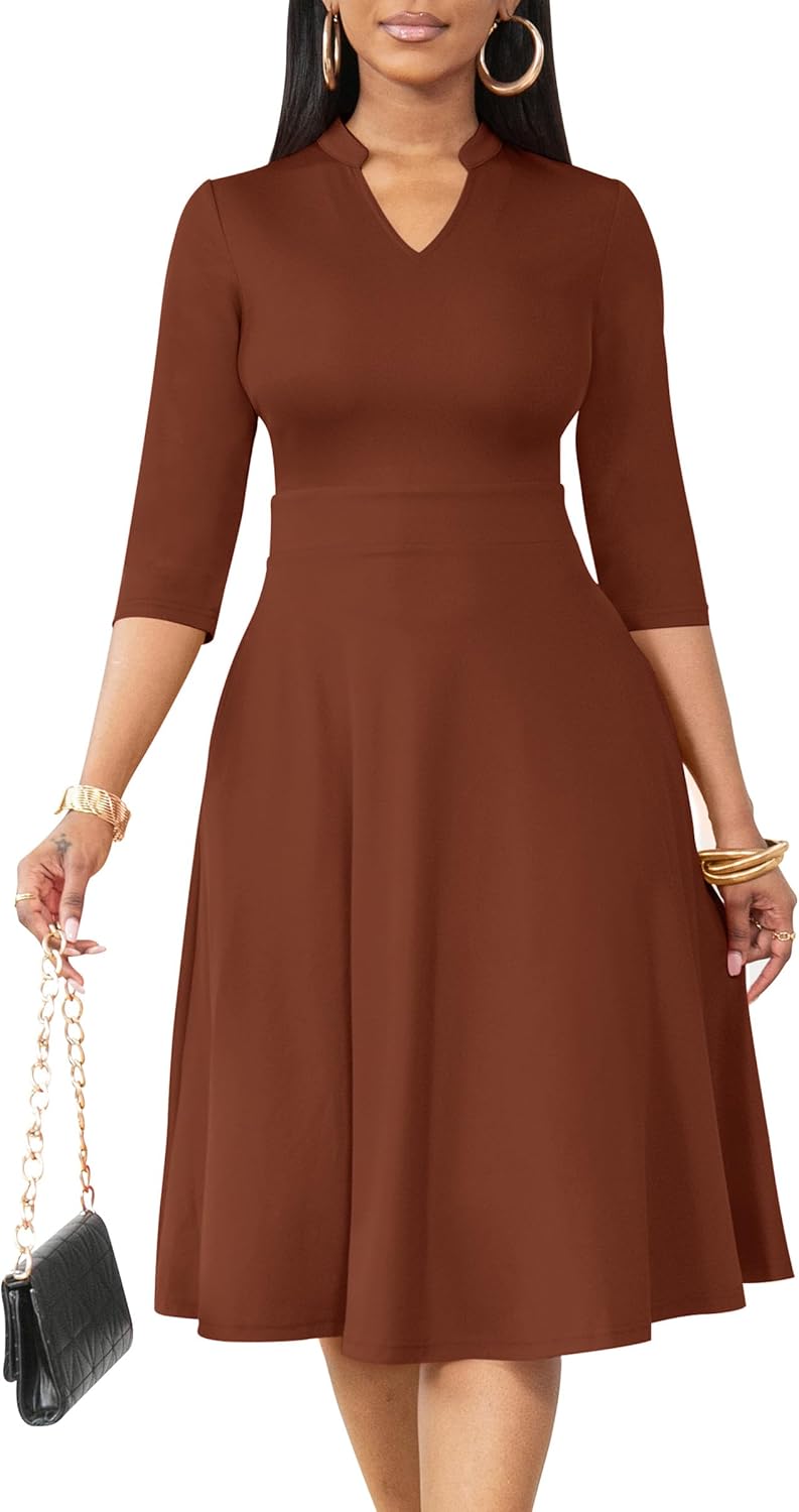 Nmoder Casual Dresses for Women Semi Formal Fit and Flare 3/4 Sleeve A-line Church Work Dress with Pockets