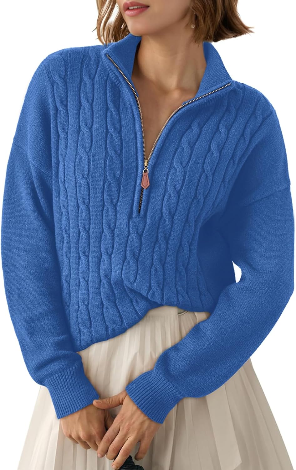 Dokotoo Women's Sweaters 2025 Fall Winter Quarter Zip Casual Ribbed Cable Knit Pullover