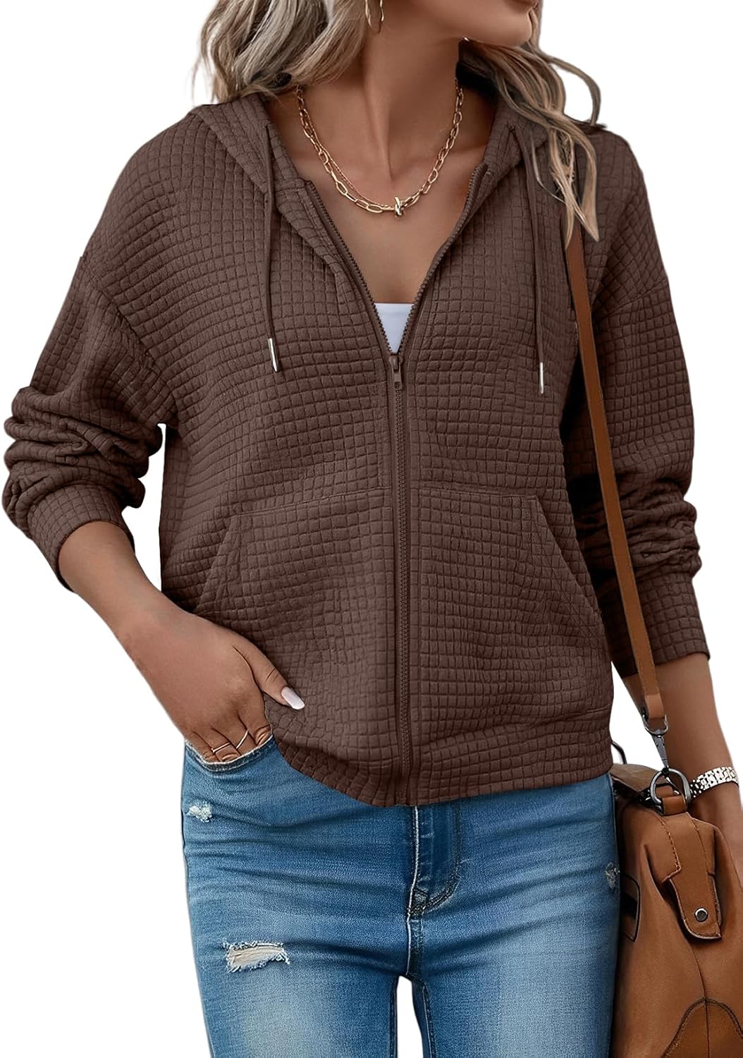 SHEWIN Womens Zip Up Hoodies Oversized Sweatshirt Fall Fashion Outfits 2025 Casual Waffle Hooded Jackets