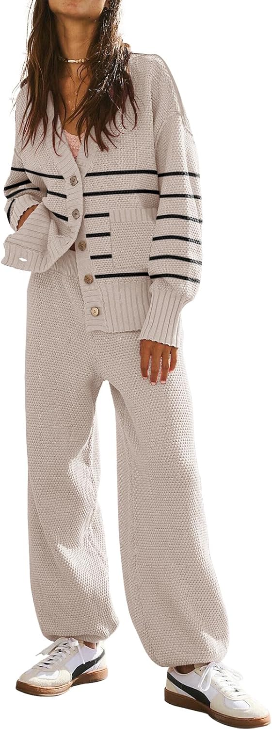 Women's 2 Piece Outfit Lounge Set Trendy Cardigan Sweater Pants Sets V Neck Button Pocket Knit Matching Loungewear
