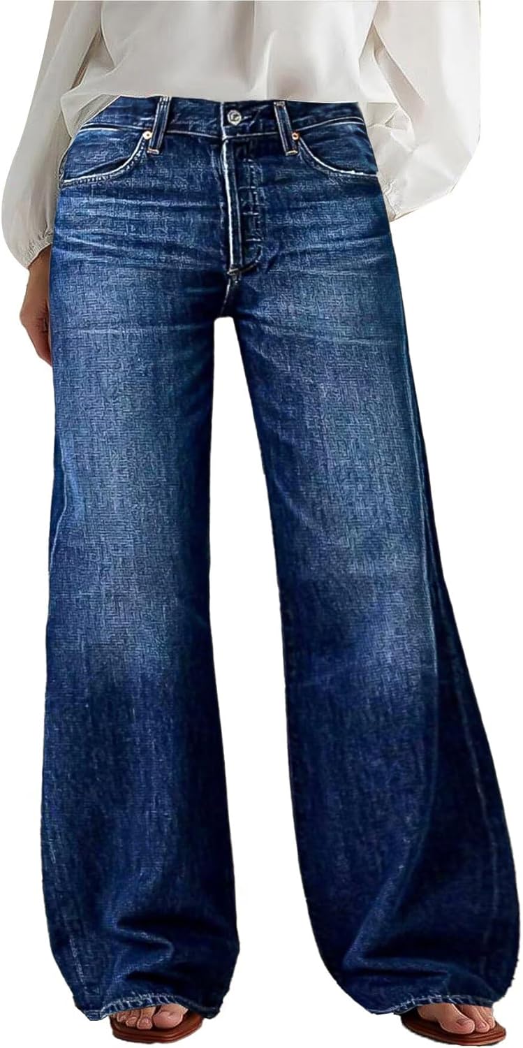 Flamingals Wide Leg Jeans for Women Mid Waist Baggy Stitch Decor Denim Washed Pants Without Belt