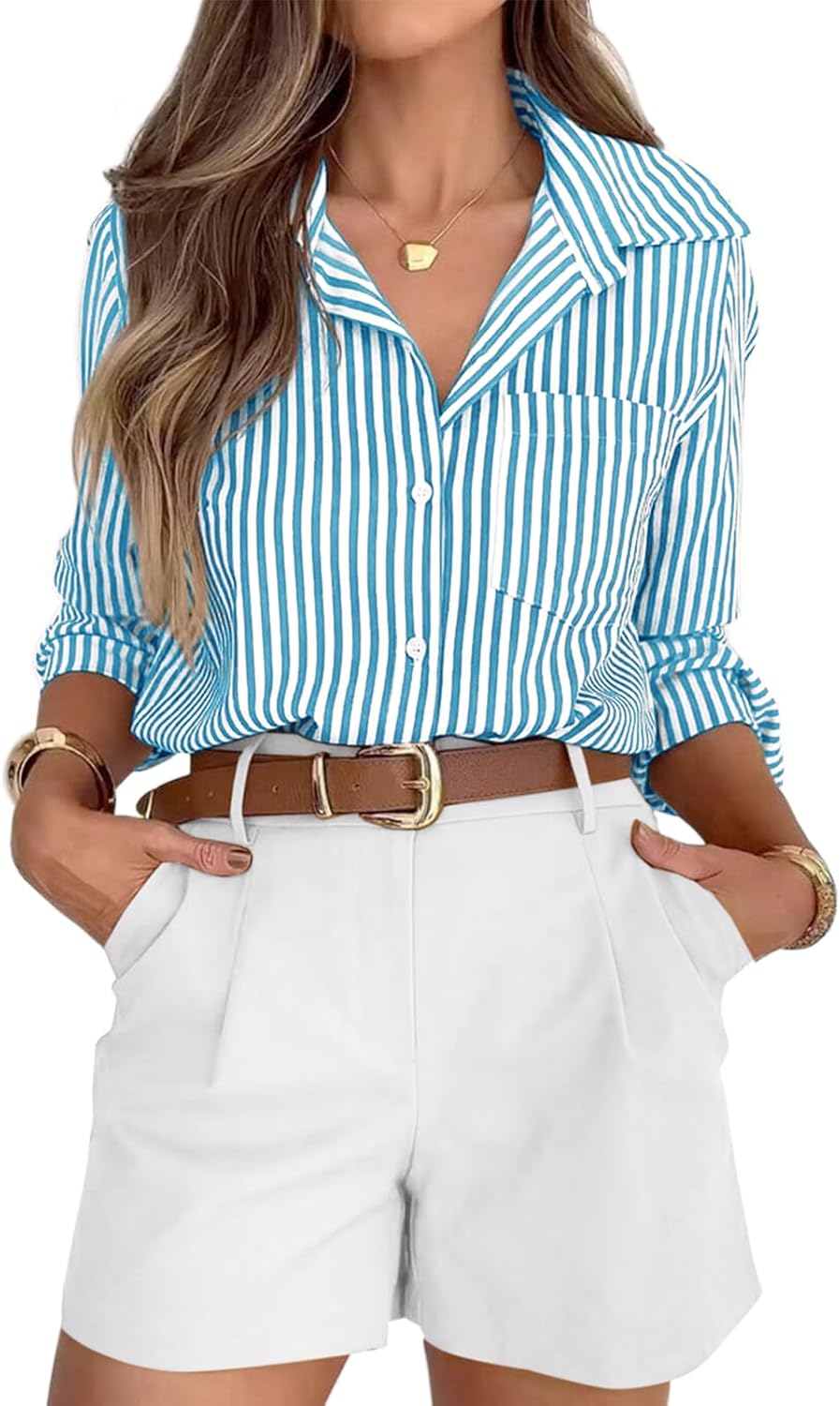 siliteelon Striped Button Down Shirts for Women Dress Shirts Long Sleeve Casual Collared Office Work Shirt with Pocket