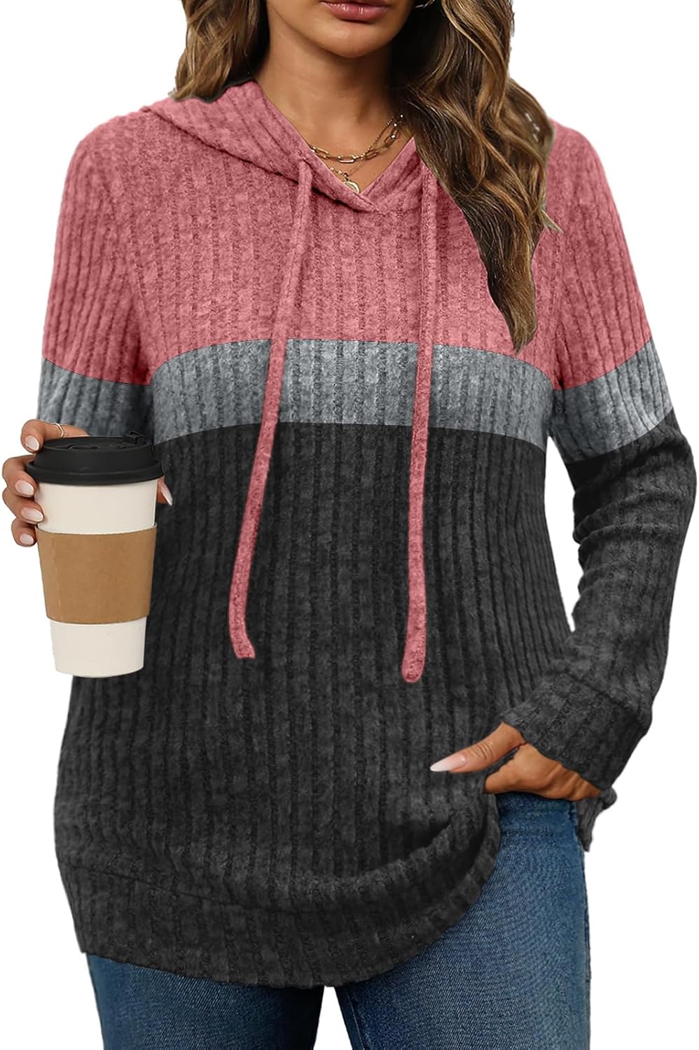 Womens Plus Size Lightweight Ribbed Knit Hoodie Sweaters Casual Long Sleeve Pullover Tops for Fall Winter L-4XL