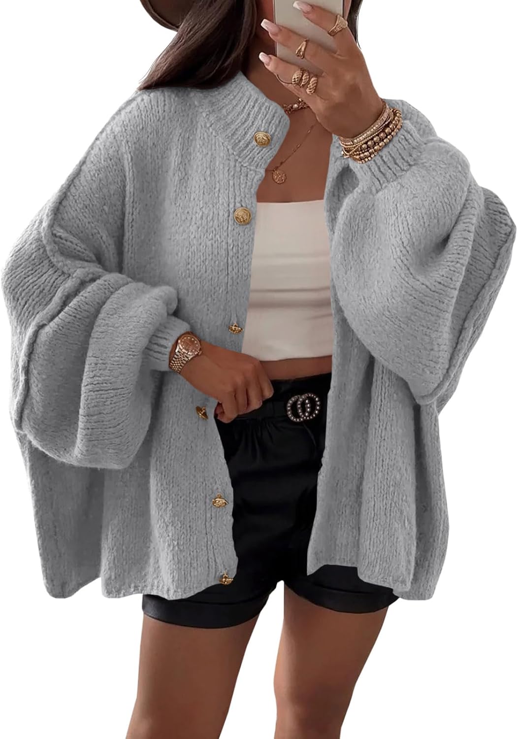 Saodimallsu Womens Oversized Cardigans Long Lantern Sleeve Button Down Chunky Knit Loose Fall Sweater Coats