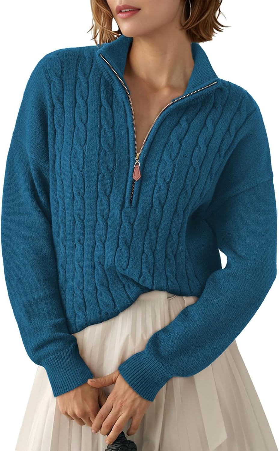Dokotoo Women's Sweaters 2025 Fall Winter Quarter Zip Casual Ribbed Cable Knit Pullover