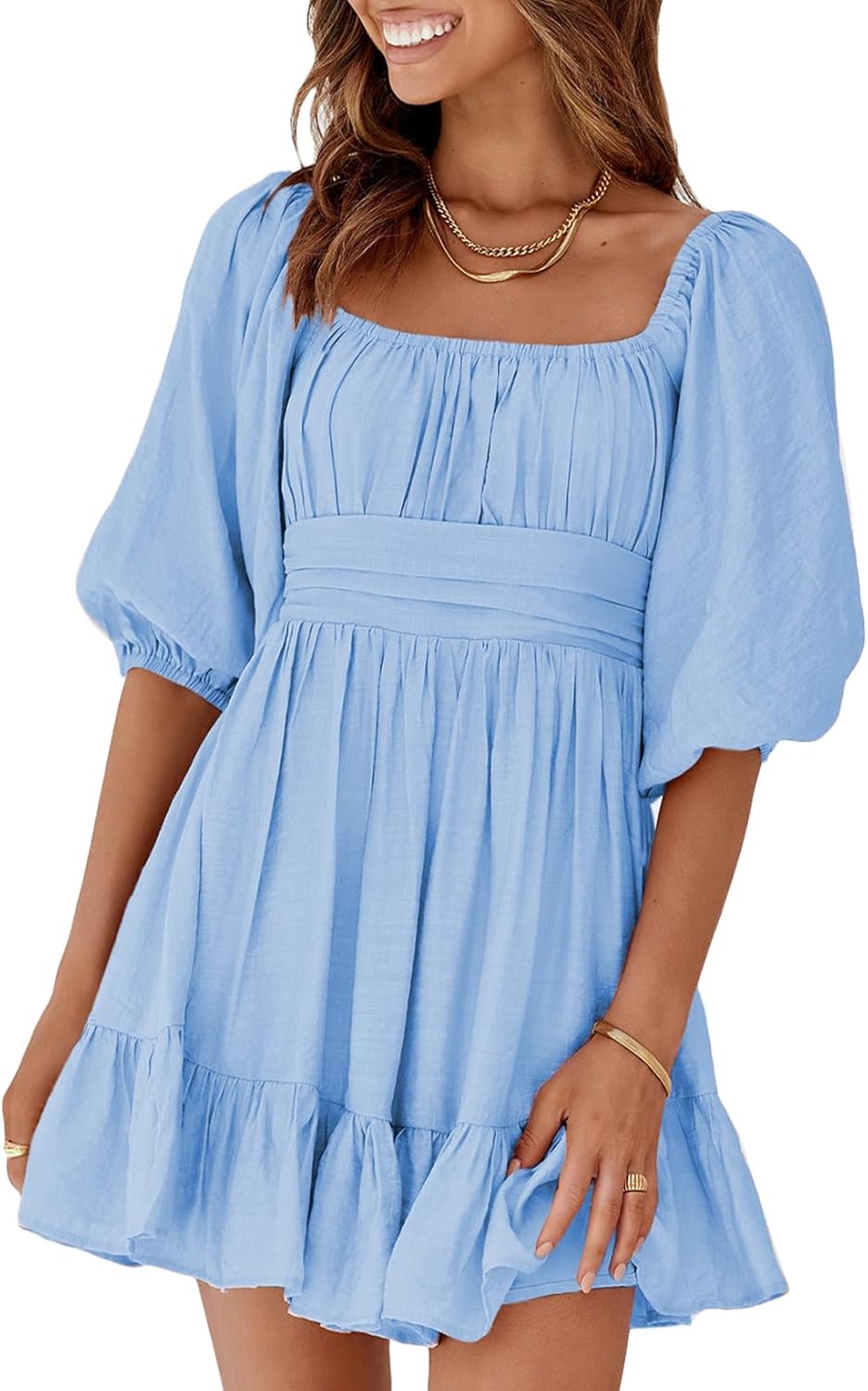 Dokotoo Womens Summer Dresses Square Neck Tie Back Lantern Sleeve Ruffle A-Line Casual Dress