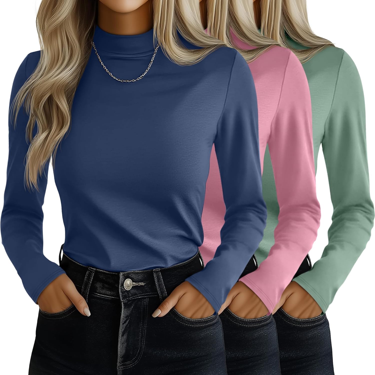 Ficerd 3 Pack Women's Mock Turtleneck Shirts, Long Sleeve Mock Neck Pullover Tops Slim Fitted Stretch Undershirt Tee Blouse