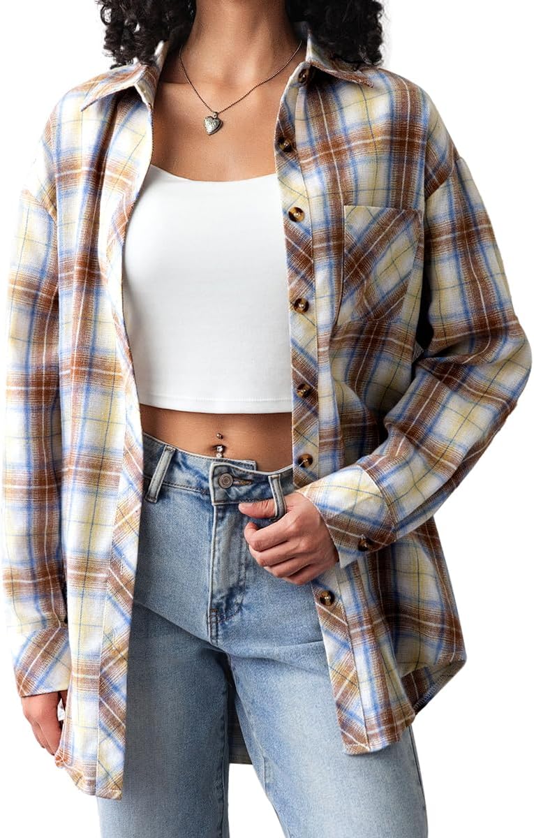 CHYRII Womens Button Down Flannel Shirts Long Sleeve Plaid Shackets Business Casual Blouse Top