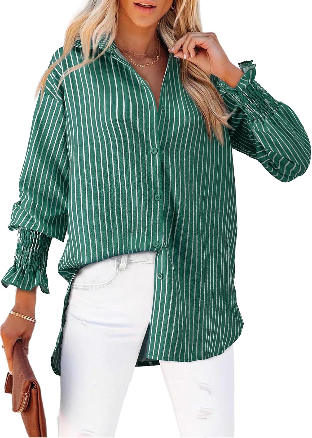 Women's Striped Button Down Shirts Long Sleeve Smocked Cuffed Oversized Boyfriend Blouses Collared Work No Pockets Tops