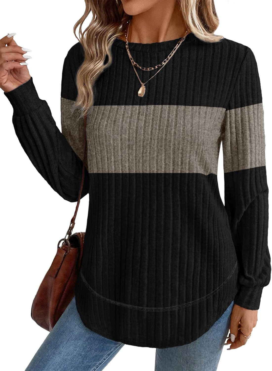 OFEEFAN Tunic Tops for Women Loose Fit Dressy Long Sleeve Shirts Womens Sweaters Crew Neck Fall Clothing with Curved Hem