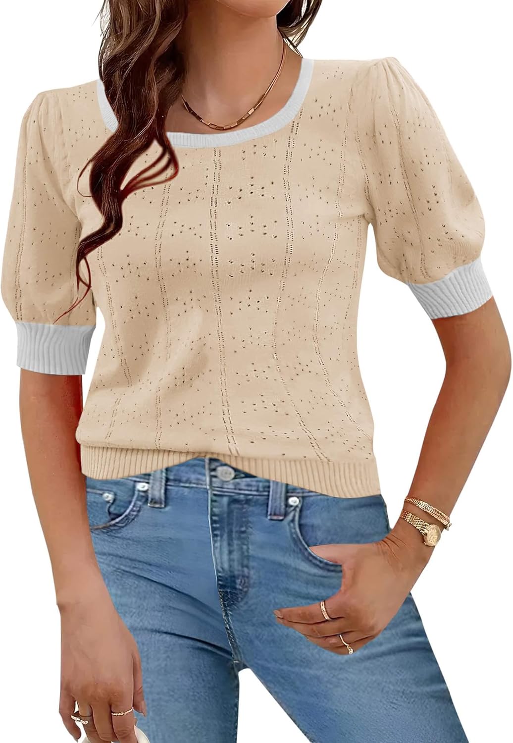 HOTOUCH Sweaters for Women 2025 Fall Trendy Tops Casual Puff Sleeve Square Neck Cute Tunic Pullover Blouses XS-XXL