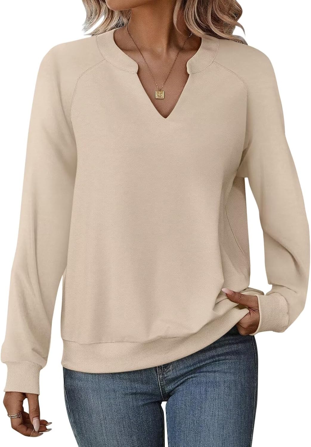 EADINVE Women Casual Long Sleeve V Neck Sweatshirts Cute Loose Fit Lightweight Pullover Tops