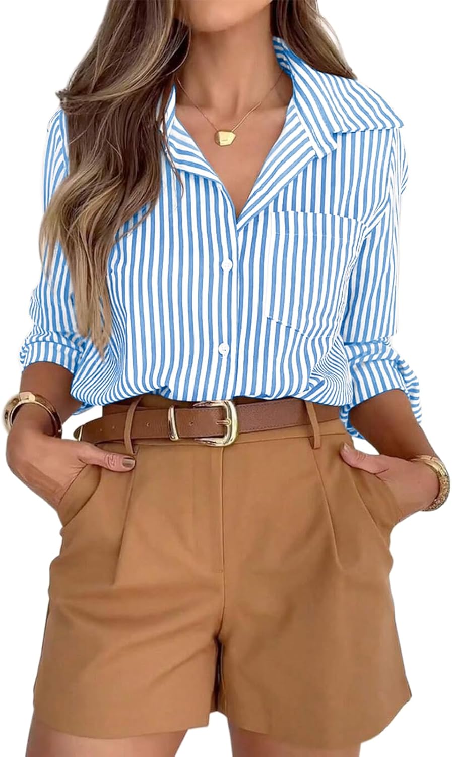siliteelon Striped Button Down Shirts for Women Dress Shirts Long Sleeve Casual Collared Office Work Shirt with Pocket