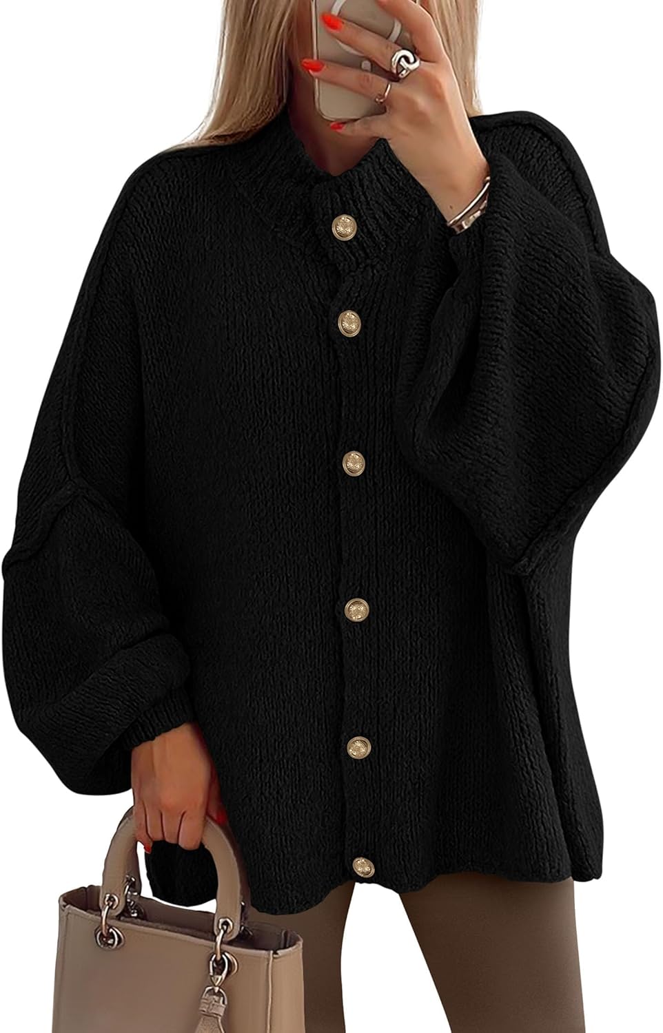 PRETTYGARDEN Women's Winter Button Down Cardigan Sweaters Mock Neck Lantern Long Sleeve Chunky Knit Jacket Trendy Outerwear